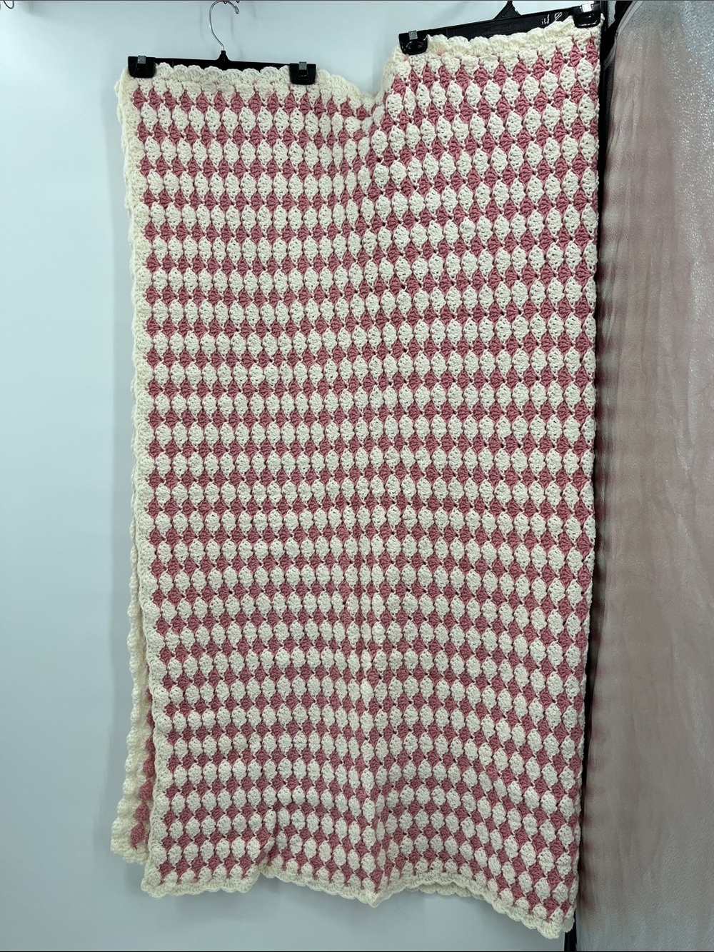 Handmade Pink and Cream Crochet Throw Blanket